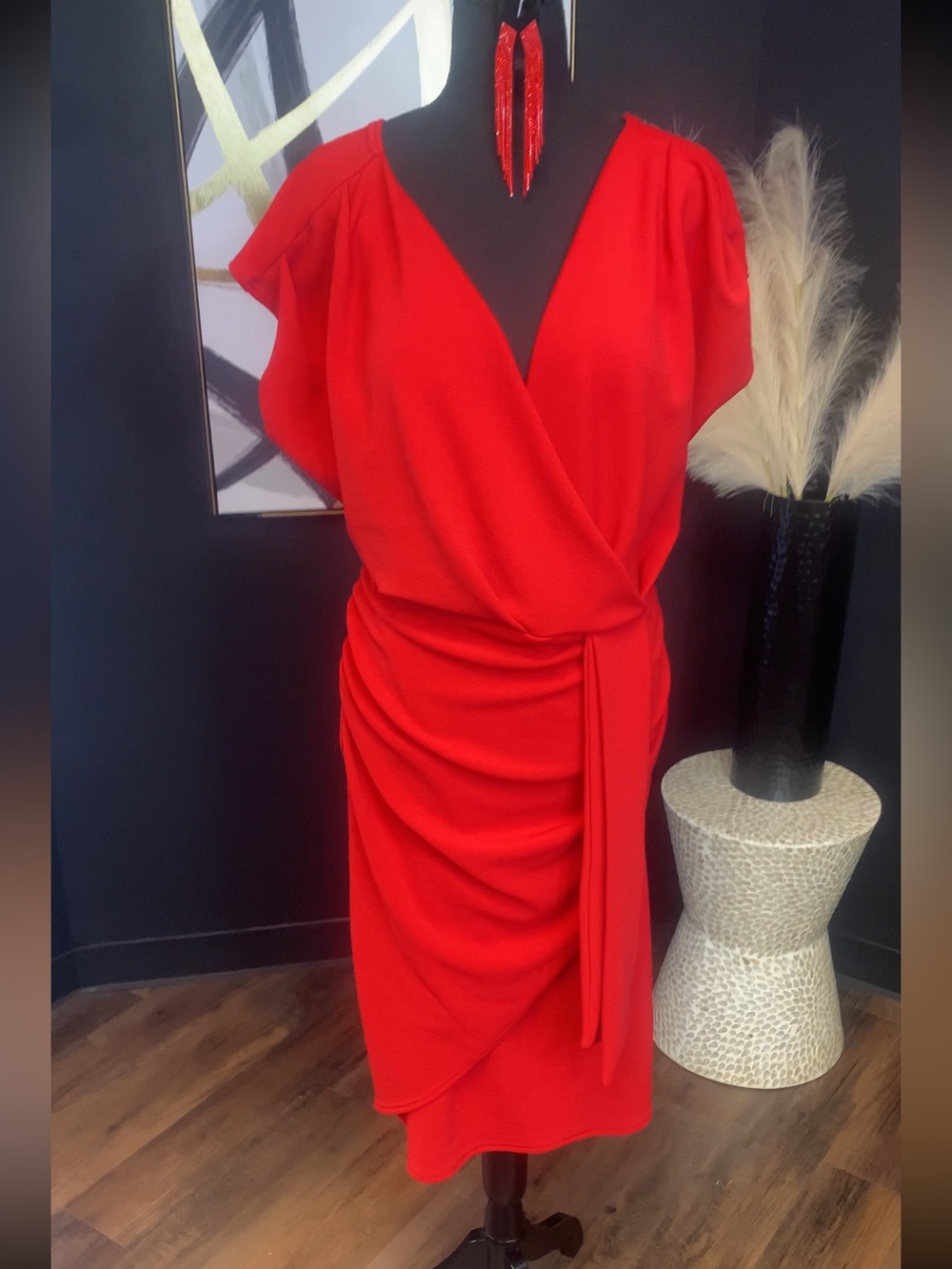 Red Wrap-Style Women's Dress - Elegant Drape - Picture 1 of 5